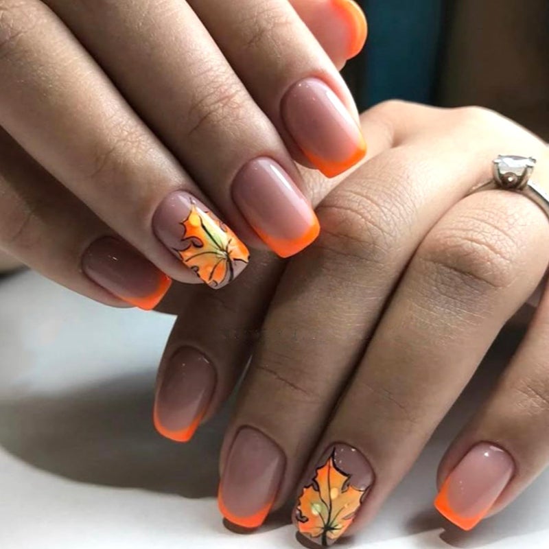 CJDLTS Orange French Press on Nails Short Square Thanksgiving Maple Leaf False Nail Full Cover Glossy Acrylic Stick on Nail Fall Artificial Fingernails Press Ons Festival Glue on Nails for Women 24Pcs - Image 1